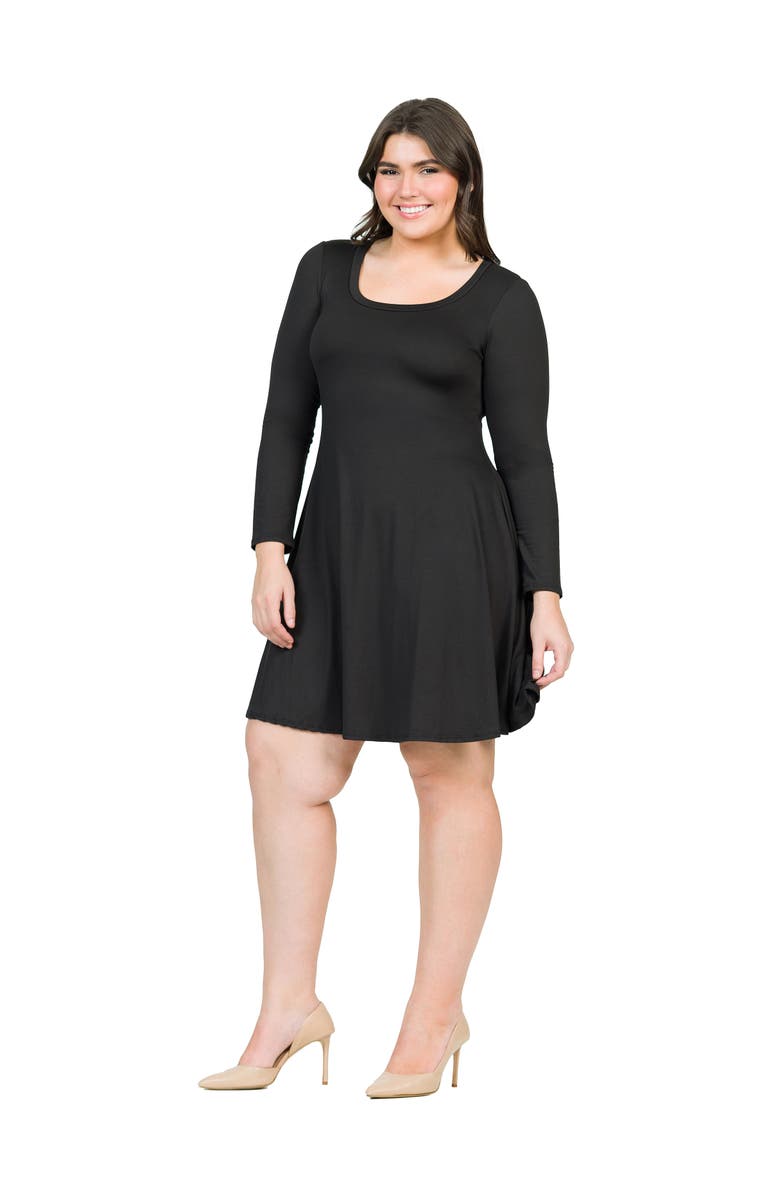 24seven Comfort Apparel Plus Size Classic Long Sleeve  Flared Mini Dress, Alternate, color, Black