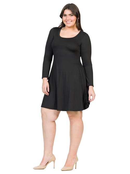 24seven Comfort Apparel Plus Size Classic Long Sleeve  Flared Mini Dress In Black