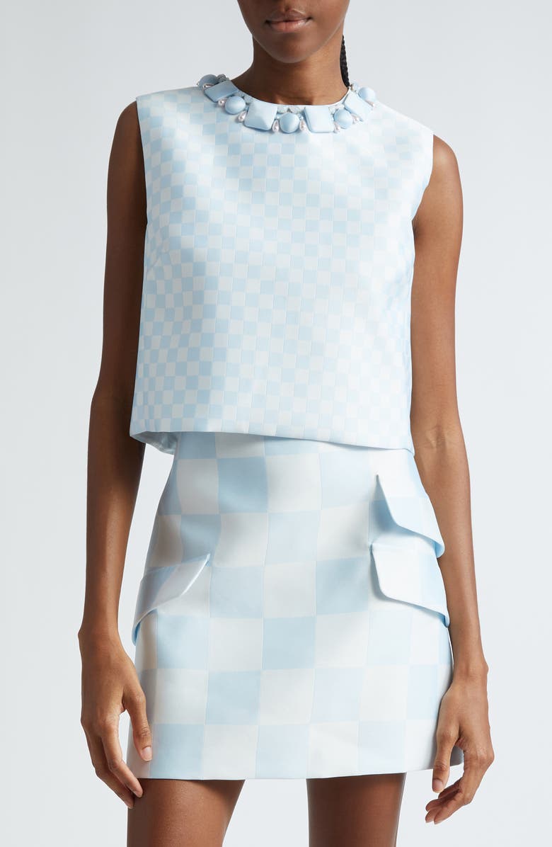 Versace Beaded Collar Check Jacquard Top, Main, color, 