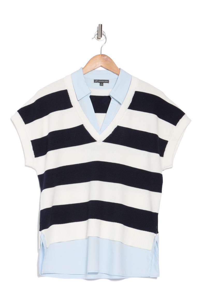Short Sleeve Stripe Mixed Media Sweater, Alternate, color, CHAMBRAY W/ NAVY/ IVORY