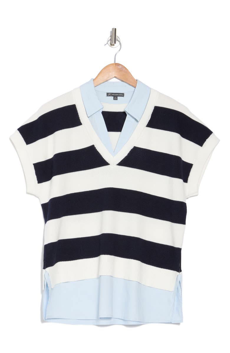 Adrianna Papell Short Sleeve Stripe Mixed Media Sweater, Alternate, color, Chambray W/ Navy/ Ivory