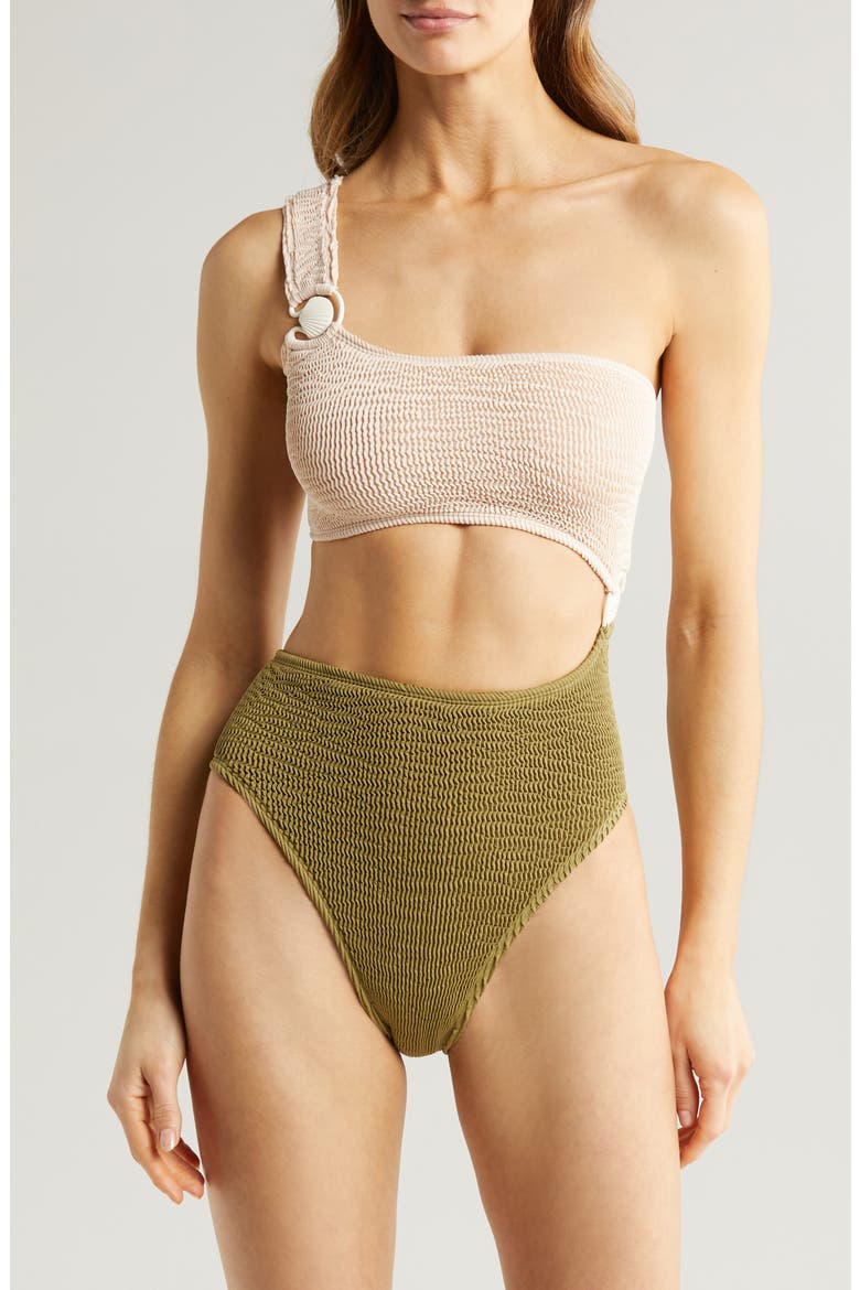 Cutout One-Shoulder One-Piece Swimsuit, Main, color, SHELL/ MOSS