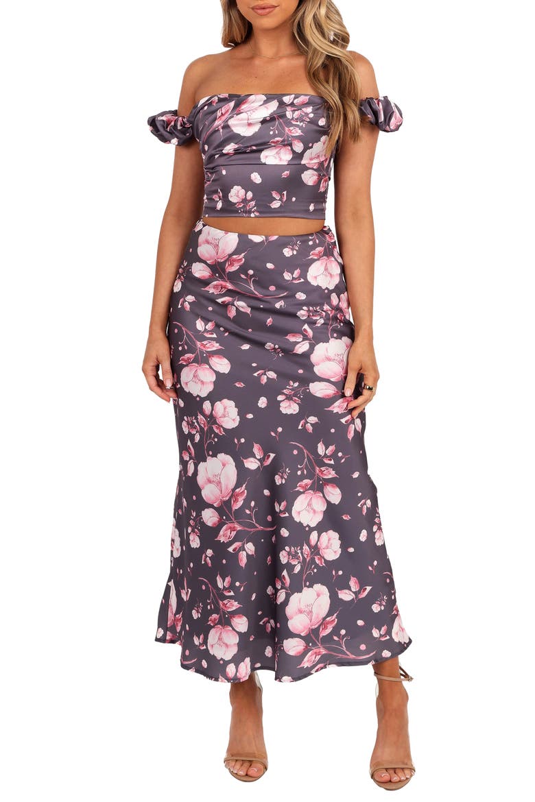 Arabella Satin Crop Top & Matching Skirt Set, Main, color, STEEL GREY FLORAL