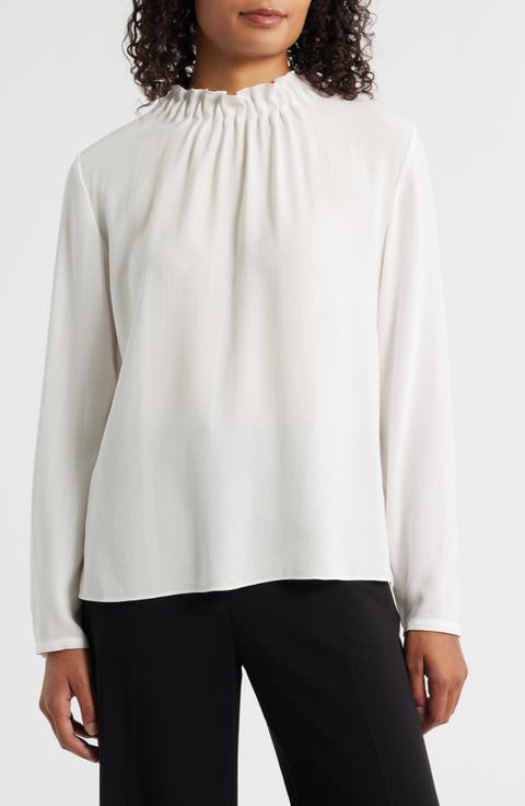 Gathered Neck Long Sleeve Silk Shirt
