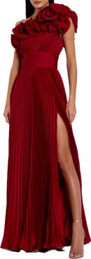 Mac Duggal Pleated Charmeuse One Shoulder Ruffle Gown