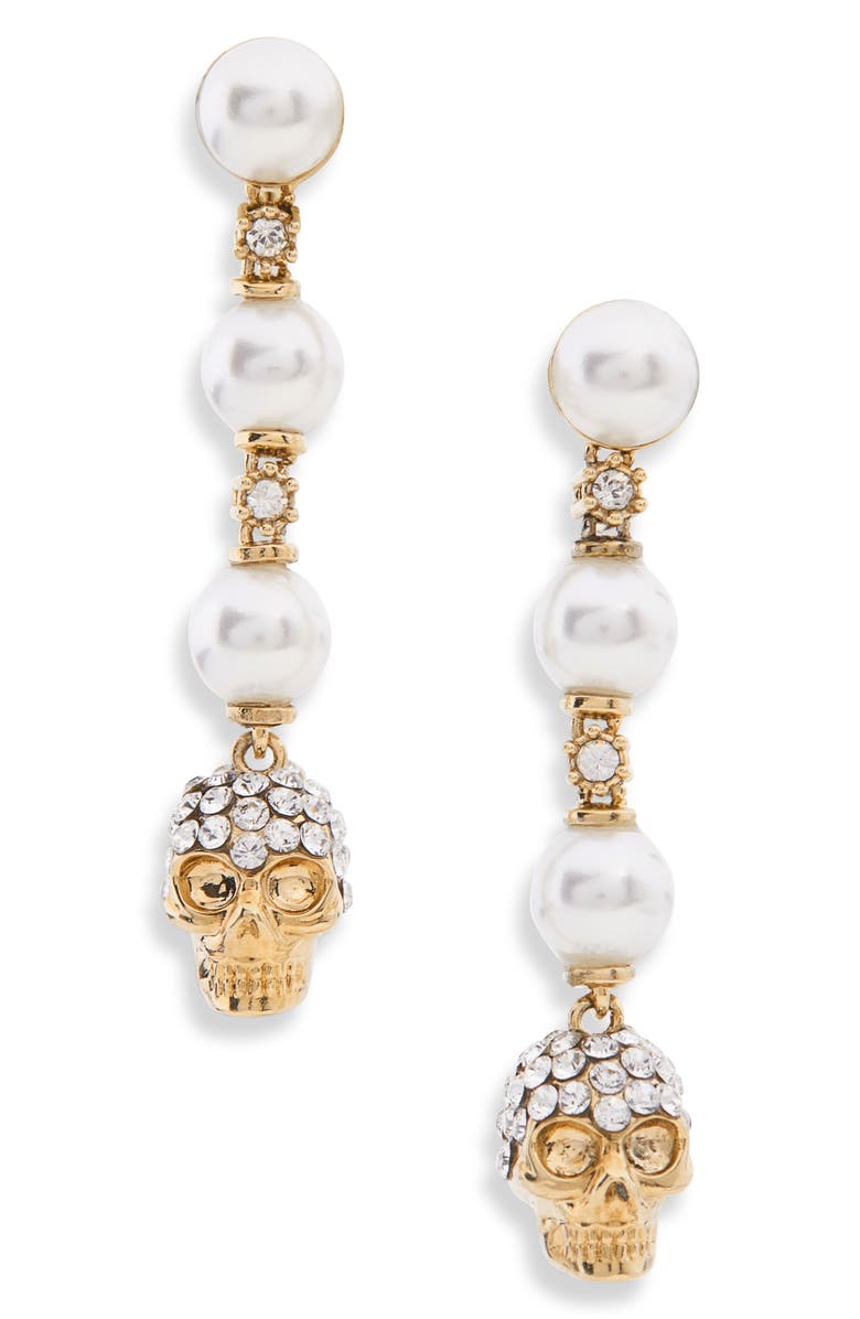 McQueen Crystal Skull & Faux Pearl Drop Earrings, Main, color, Pearl