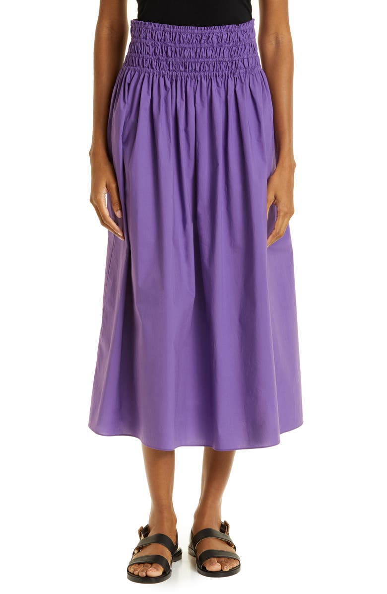 Rebecca Taylor Smocked Waist Cotton Poplin Midi Skirt, Main, color, Fox Glove