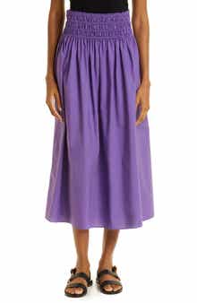 Rebecca Taylor Smocked Waist Cotton Poplin Midi Skirt
