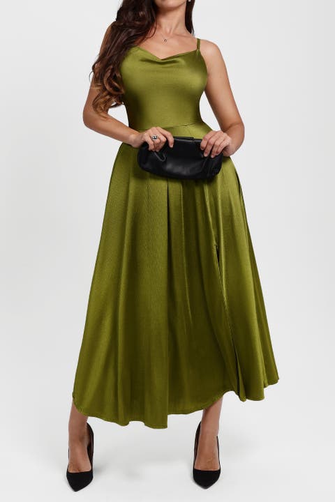Built In Shapewear Glitter Spaghetti Strap Slit Maxi Dress