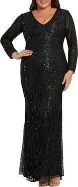 Mac Duggal Long Sleeve V Neck Beaded Fringe Gown