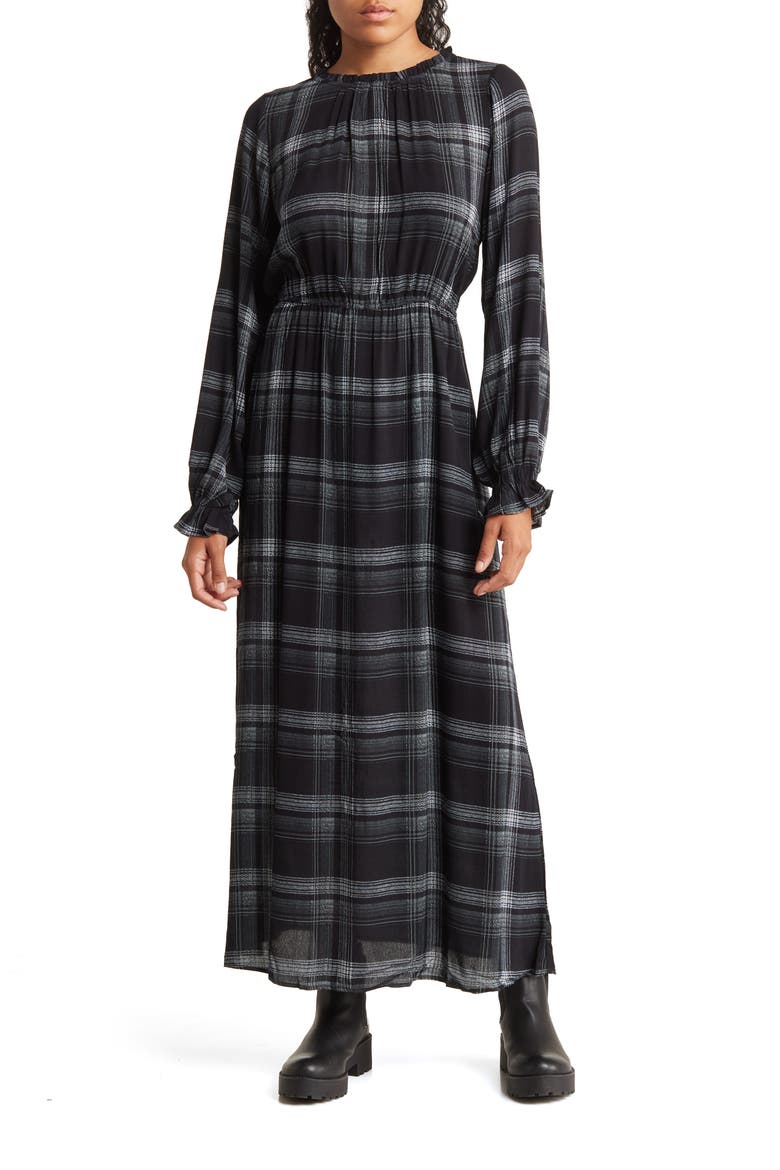 Floral Print Ruffle Long Sleeve Ankle Length Dress, Main, color, BLACK PLAID