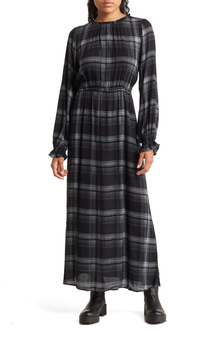 Bobeau Floral Print Ruffle Long Sleeve Ankle Length Dress, Main, color, 