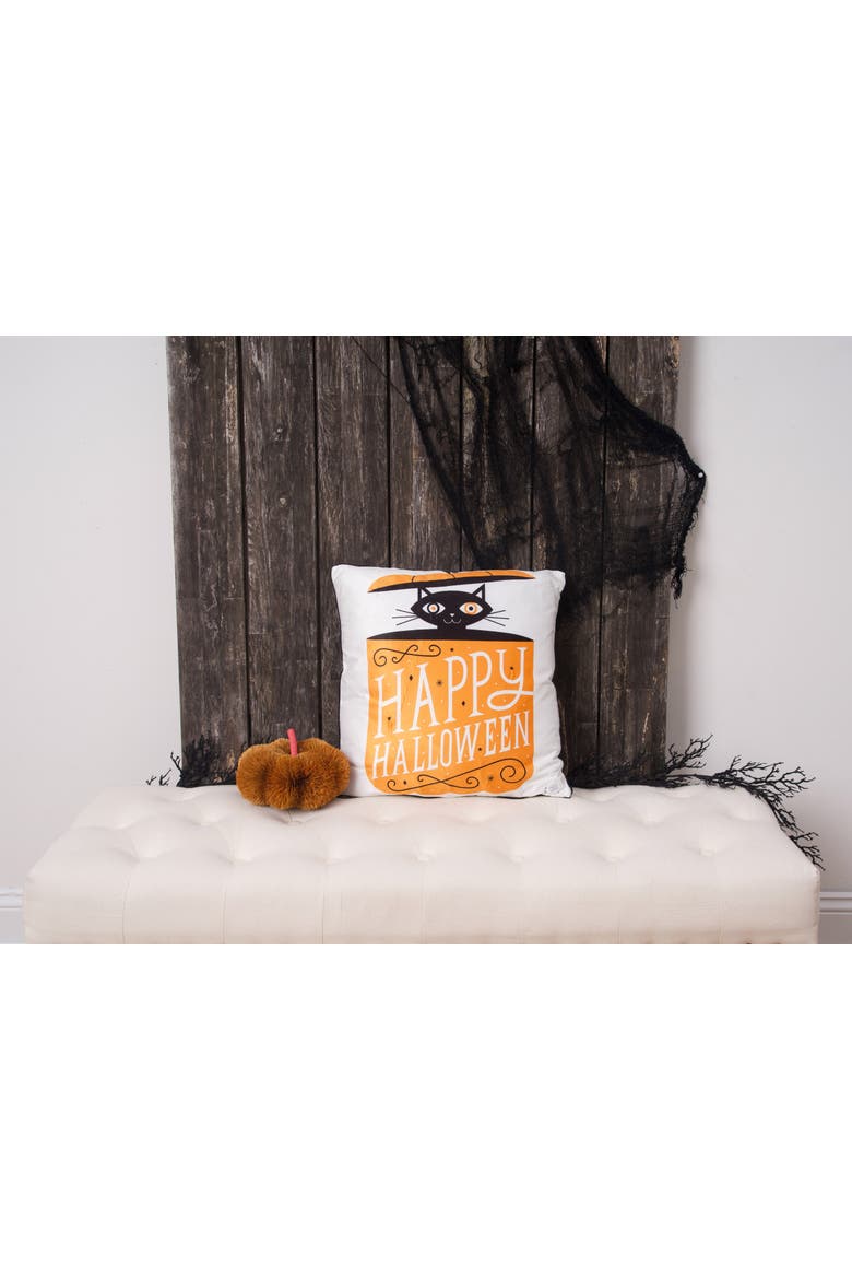 Black Cat in Pumpkin "Happy Halloween" LED Accent Throw Pillow 18" x 18", Alternate, color, Brown