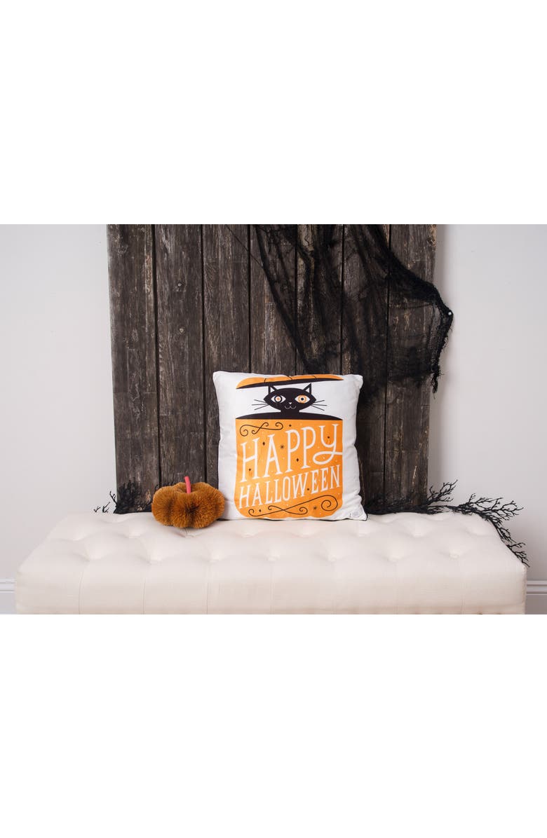 C&F Home Black Cat in Pumpkin "Happy Halloween" LED Accent Throw Pillow 18" x 18", Alternate, color, Brown