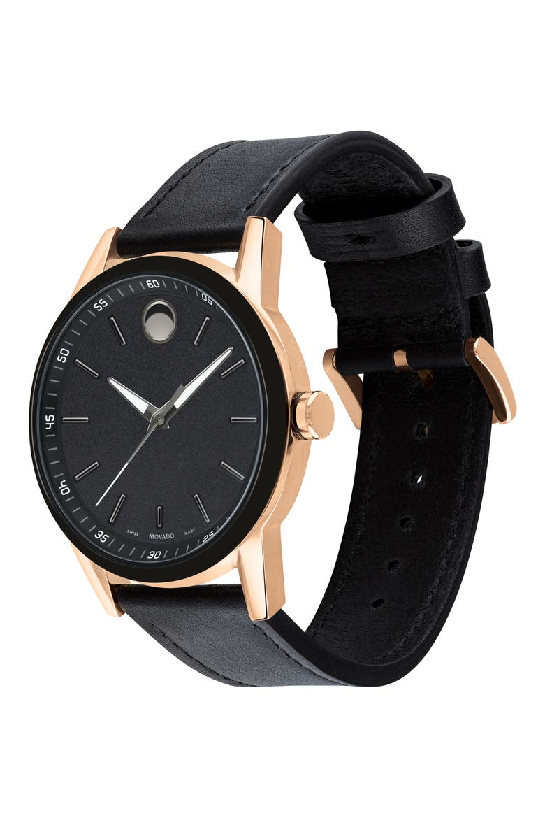 Leather Strap Watch, 42mm, Alternate, color, BLACK/ ROSE GOLD