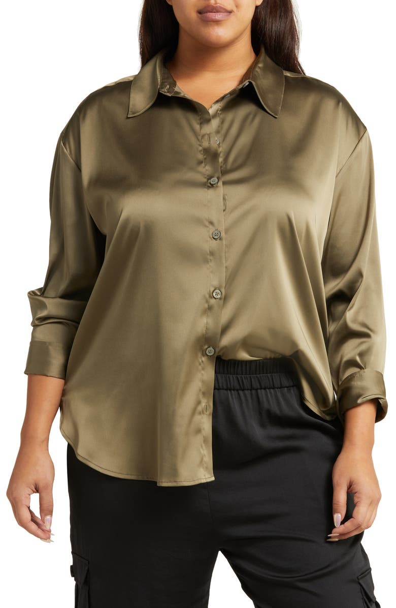 Open Edit High-Low Satin Button-Up Shirt, Main, color,