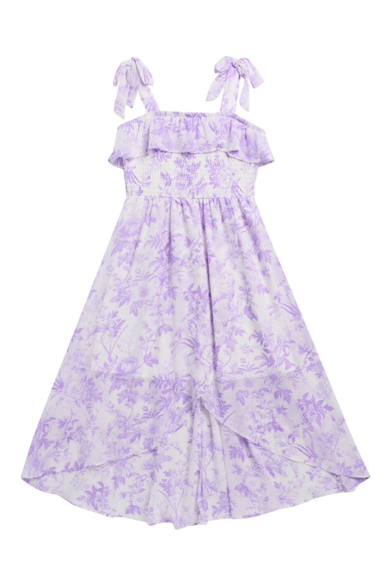 Kids' Print Smocked Chiffon High-Low Dress, Main, color, LILAC