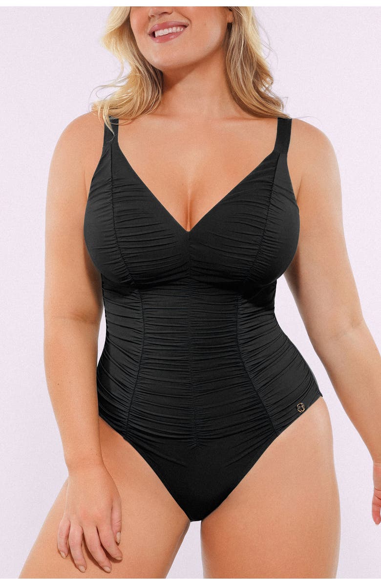Shapellx Smart Sculpt Ruched V-Neck Shaping Swimsuit, Alternate, color, Black