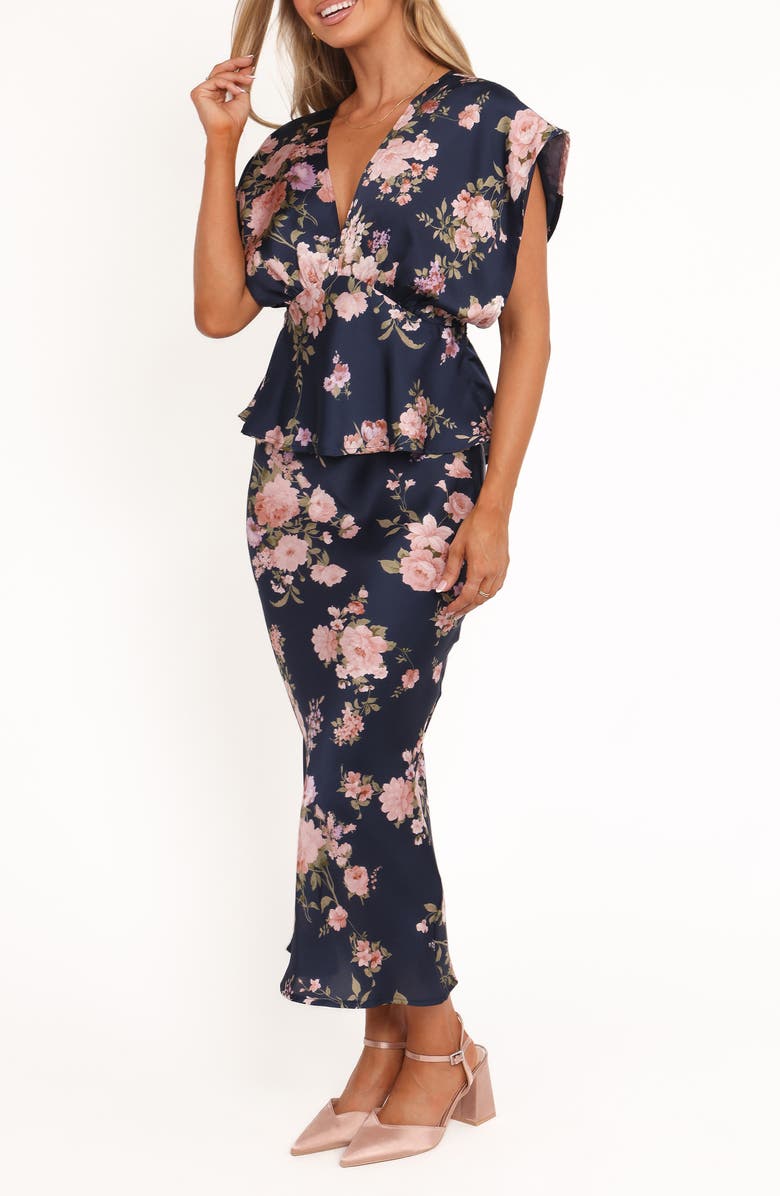 Petal & Pup Kenna Floral Satin Midi Skirt, Alternate, color, Navy Floral