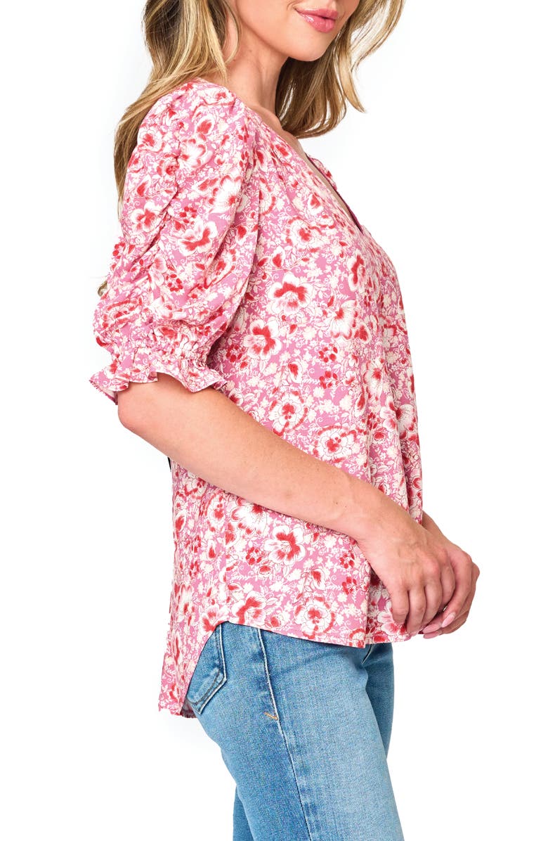 GIBSONLOOK Ruched Sleeve Top, Alternate, color, Rose Bouquet Floral