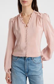 Santorelli Blaine Long Sleeve Ruffle Silk Top