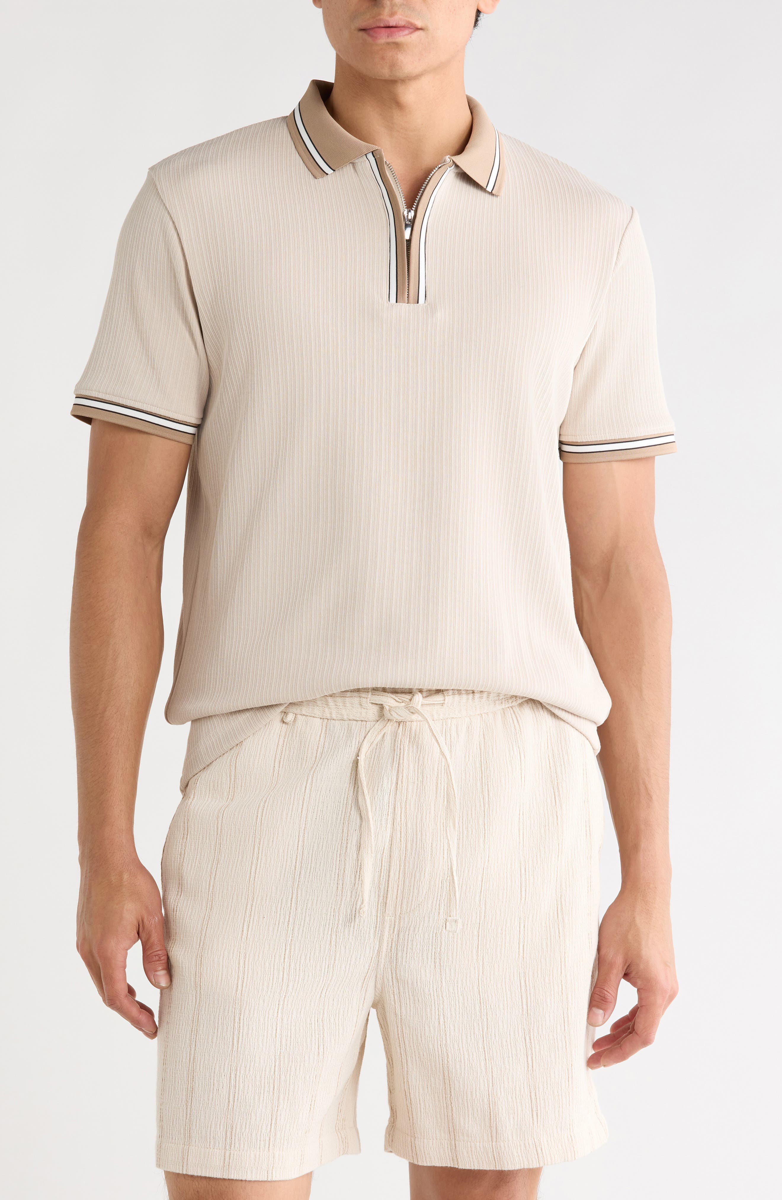 DENIM AND FLOWER Sand Vertical Stripe Textured Polo