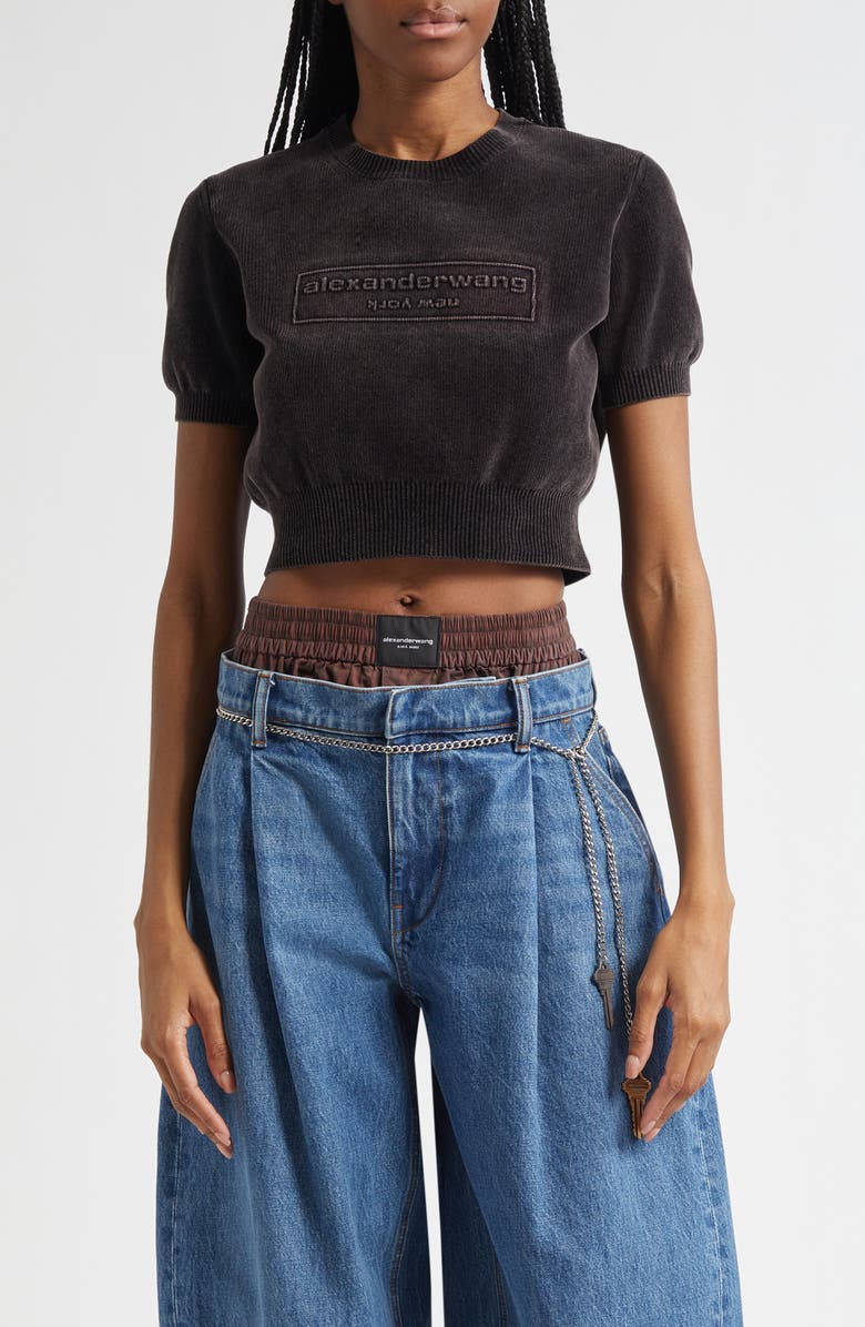 Alexander Wang Logo Short Sleeve Chenille Crop Sweater, Main, color, Washed Black