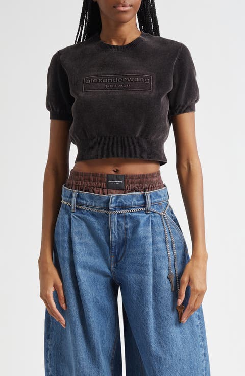 Logo Short Sleeve Chenille Crop Sweater