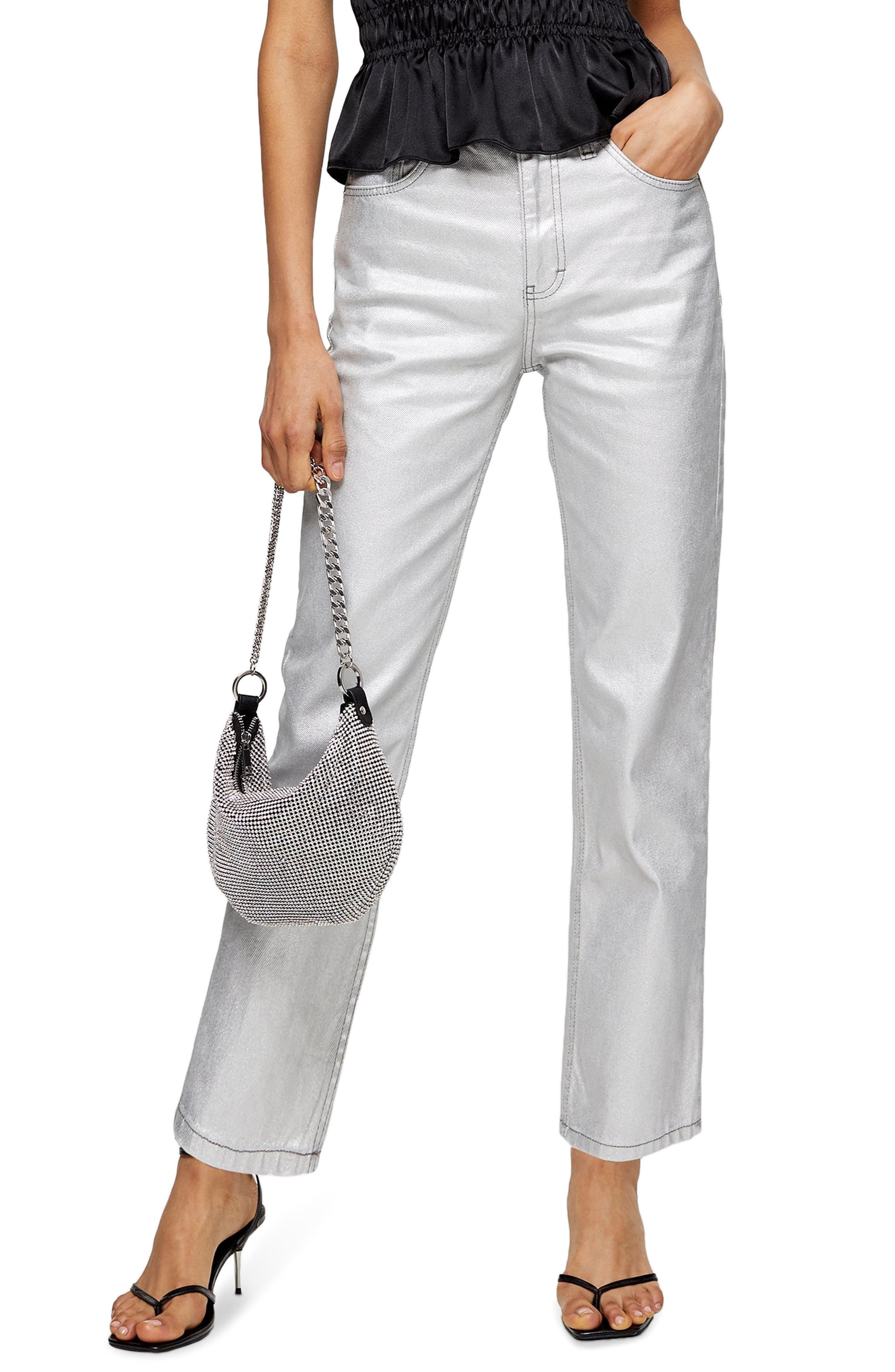 Topshop Silver Foil High Waist Straight Leg Jeans (Women) | Nordstromrack