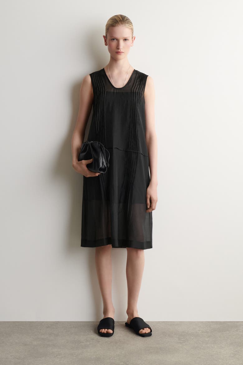 Sheer Pintucked Dress, Alternate, color, BLACK