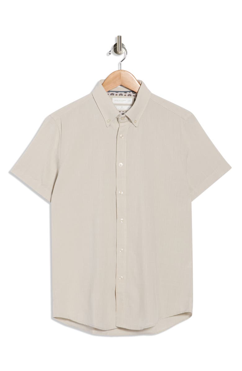 DENIM AND FLOWER Short Sleeve Button-Down Shirt, Main, color, Beige