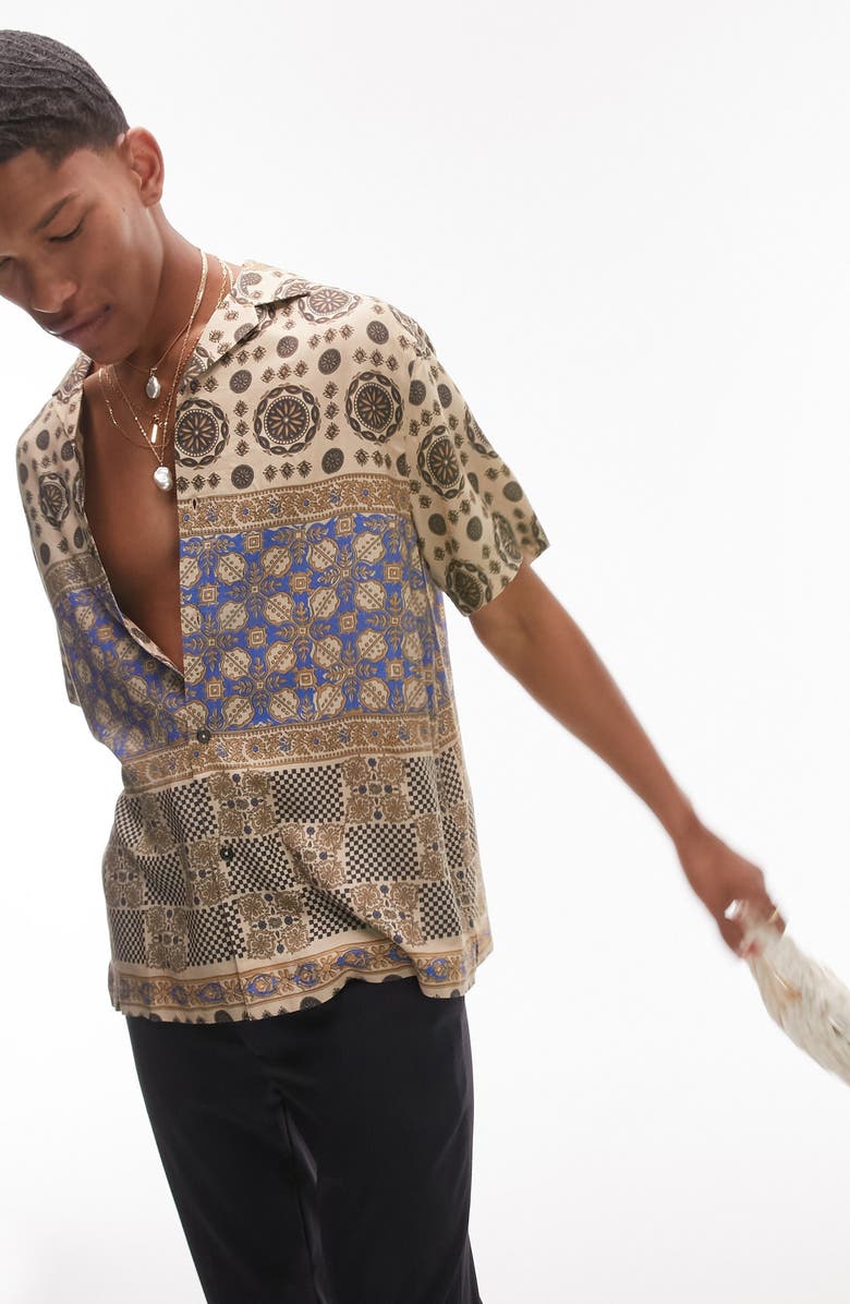 Topman Bandana Border Short Sleeve Button-Up Shirt, Main, color, 