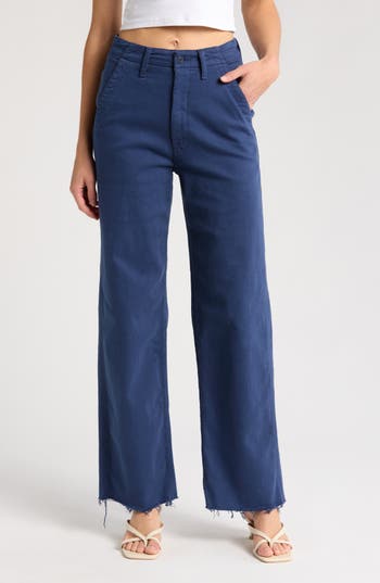 Mother The Major Zip Sneak Frayed High Waist Relaxed Straight Leg Pants In Ibl Insignia Blue