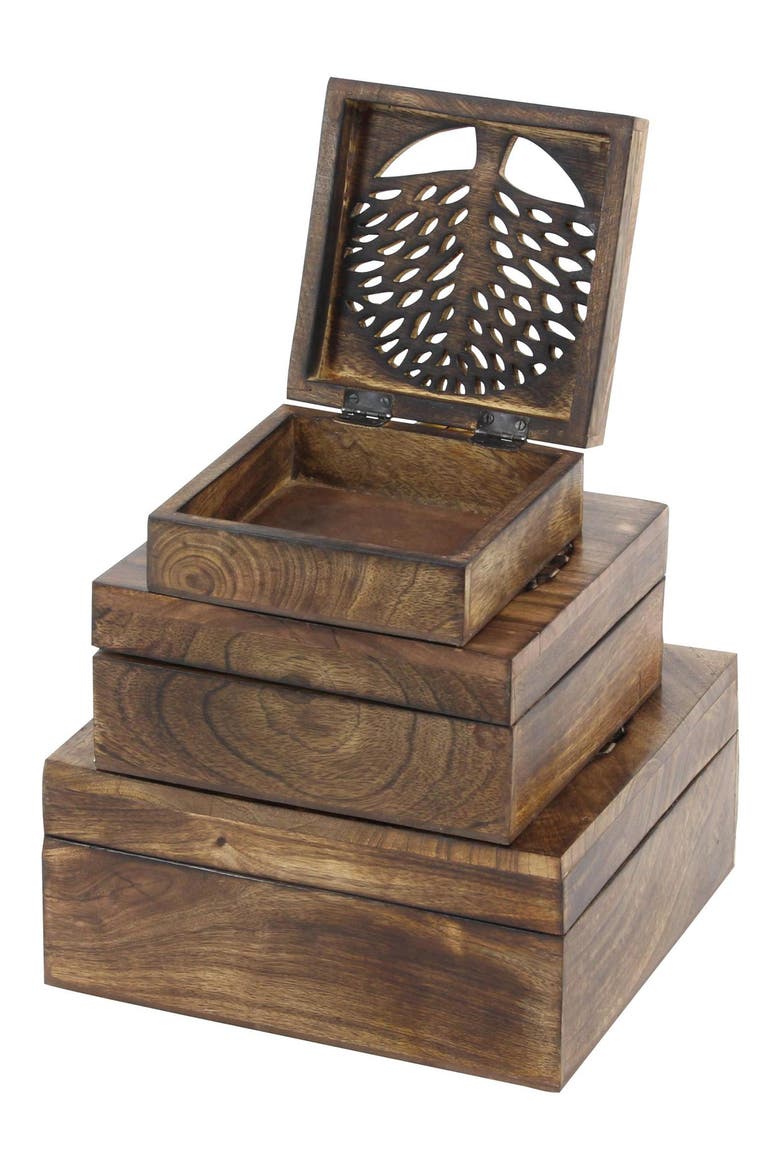 Handmade Wood Tree Set of 3 Storage Boxes, Alternate, color, BROWN