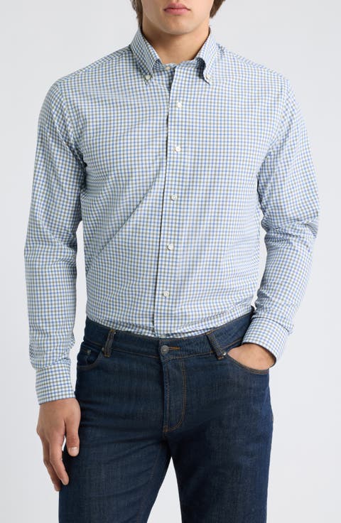 Clarence Tailored Fit Check Performance Poplin Button-Down Shirt