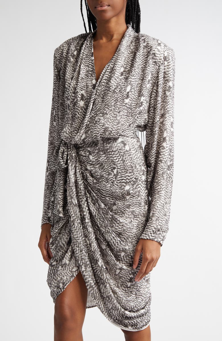 Isabel Marant Cleora Print Draped Long Sleeve Silk Blend Dress, Alternate, color,