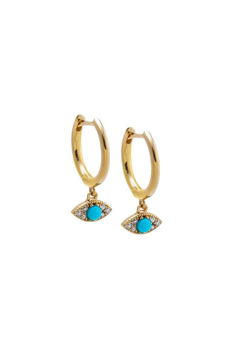 Diamond X Turquoise Evil Eye Dangling Huggie Earring 14K, Main, color, Turquoise