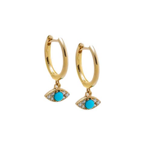 Diamond X Turquoise Evil Eye Dangling Huggie Earring 14K