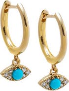 BY ADINA EDEN Diamond X Turquoise Evil Eye Dangling Huggie Earring 14K