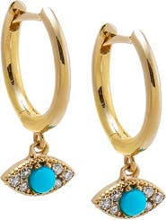 BY ADINA EDEN Diamond X Turquoise Evil Eye Dangling Huggie Earring 14K