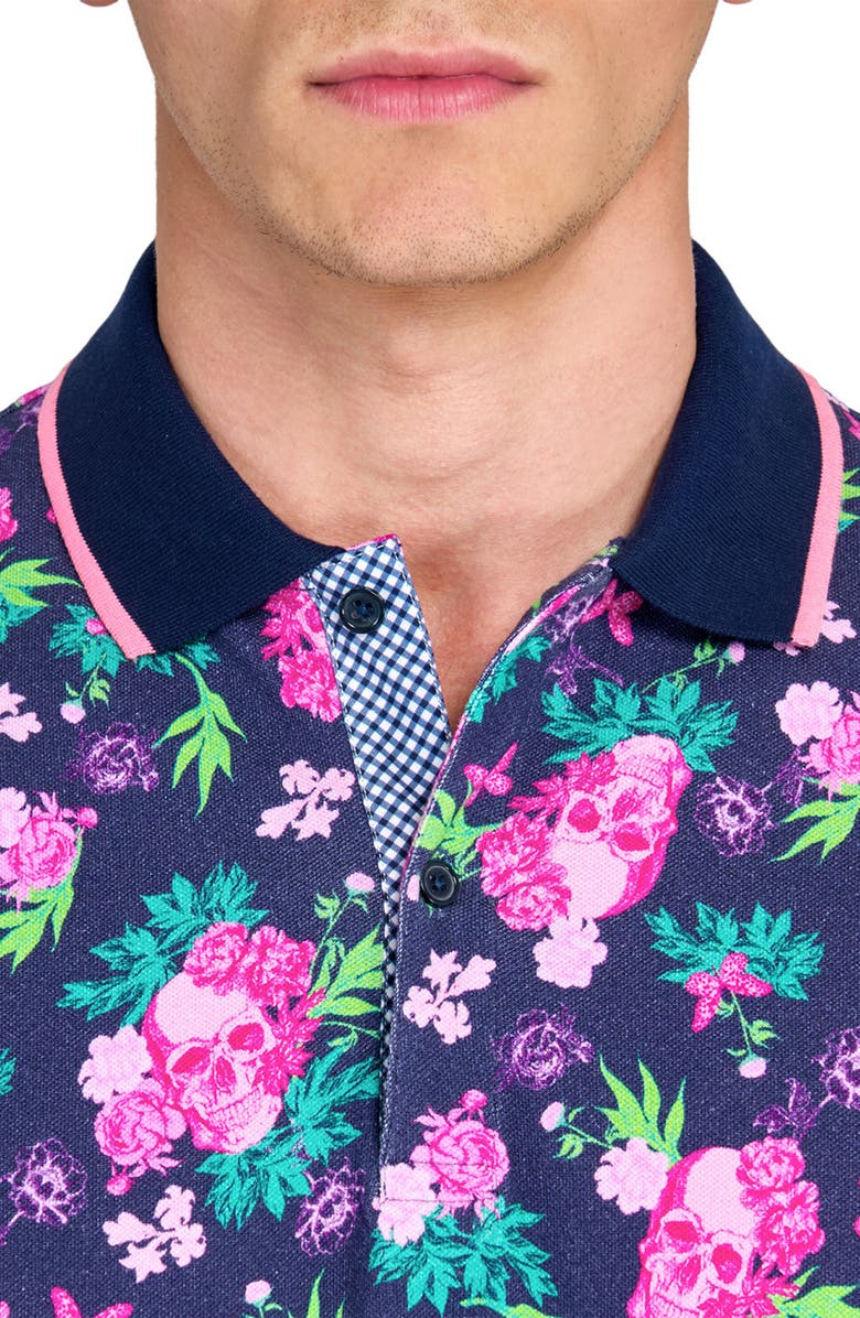 CONSTRUCT Slim Fit Floral Skull Cotton Stretch Pique Polo, Alternate, color, Navy/Pink