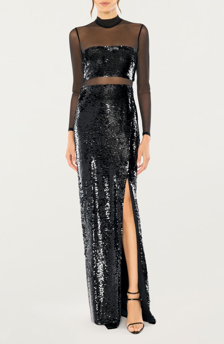 LIKELY Andie Mock Neck Sequin Gown, Main, color, Black