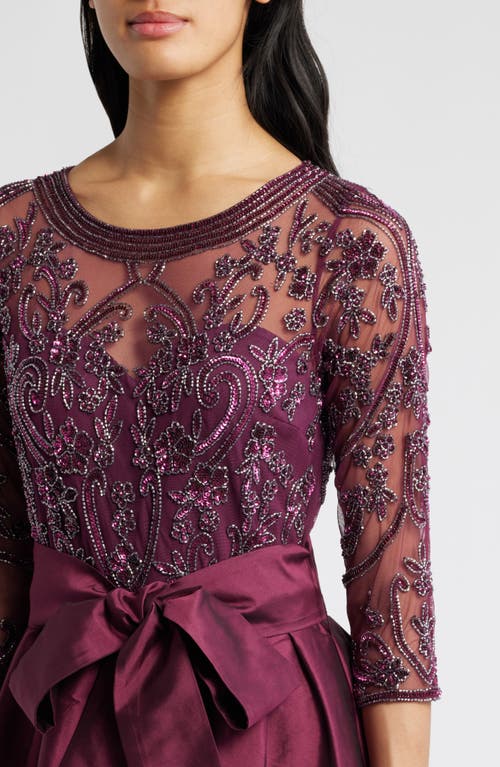 Pisarro Nights Beaded Illusion Neck Taffeta Cocktail Dress In Burgundy