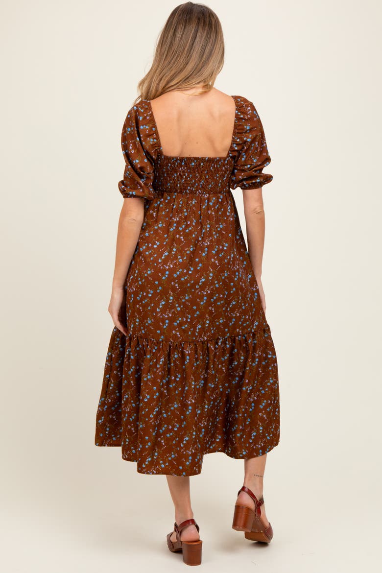 Floral Sweetheart Puff Sleeve Midi Dress, Alternate, color, Mocha