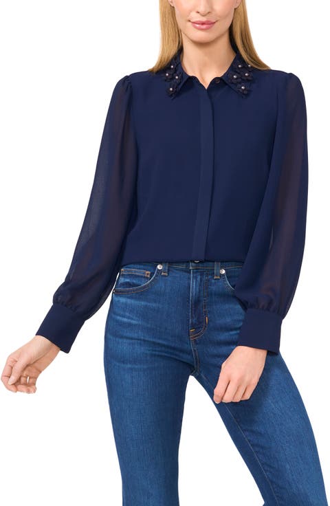 Pearly Flower Appliqué Georgette Button-Up Shirt