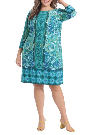 London Times Floral 3/4 Sleeve Shift Dress In Teal/blue