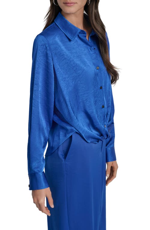 Dkny Twist Front Crinkle Satin Shirt In Blue