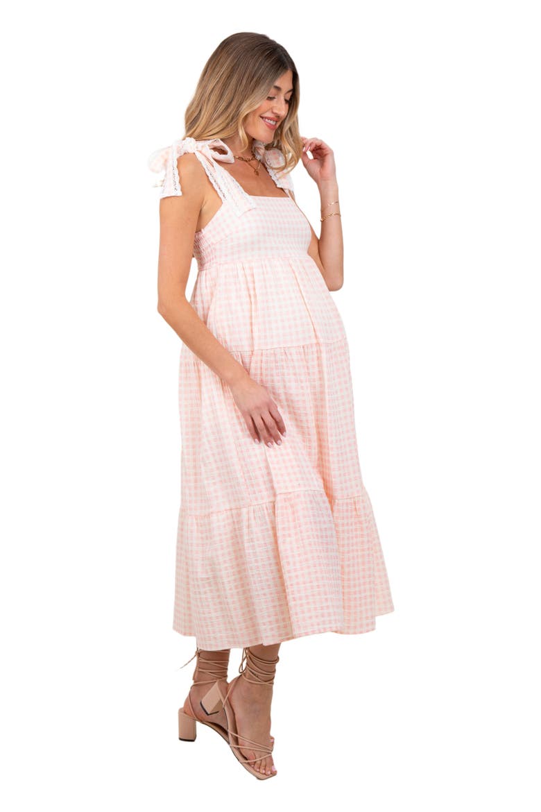 Gingham Lace Trim Shoulder Tie Maxi Dress, Alternate, color, Light Pink