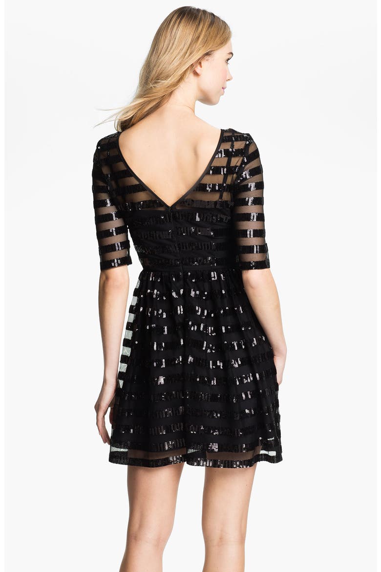 Sequin Stripe Overlay Fit & Flare Mesh Dress, Alternate, color, BLACK