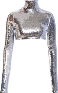 LaQuan Smith Sequin Mock Neck Crop Top